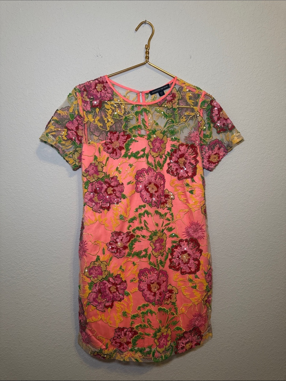 Boston Proper Neon Pink/Coral Floral Sequin Mini Dress